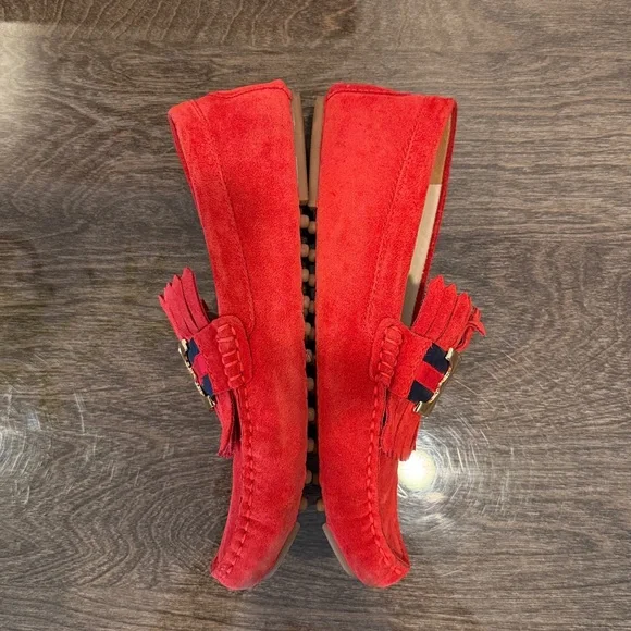 Tory Burch. Red Suede Loafers with dark blue.Gold metal Accent . Authentic - Picture 9 of 12